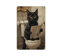 Plaque humoristique en étain avec chat lisant un journal sur les toilettes, décoration murale amusante pour les amateurs de chats, décoration de toilettes, cadeau pour propriétaires d'animaux