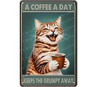 Plaque humoristique en métal avec inscription « A Coffee A Day Keep The Grumpy Away » - Style vintage - 14 x 20 cm