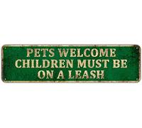 Plaque humoristique en métal avec inscription « Man Cave Bar » - Pets Welcome Children Must Be on a Leash 10,2 x 40,6 cm