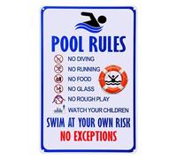 Plaque humoristique en métal « Pool Rules », « Swim At Your Own Risk No Exceptions » - Décoration murale pour la maison, la piscine, l'intérieur et l'extérieur - 20,3 x 30,5 cm