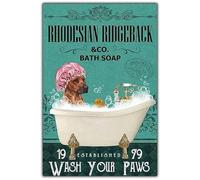 Plaque humoristique en métal rétro Rhodesian Ridgeback & Co. Bath Soaps Wash Your Paws Poster Impression Décoration murale Art Décoration de salle de bain Cadeau rustique Décoration de chambre Panneau