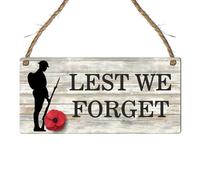 Plaque « Lest We Forget » pour le jour du Souvenir - Silhouette de soldat et coquelicots vibrants sur fond en bois gris - Idéal pour une exposition en intérieur, mesure 19 cm x 9 cm