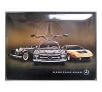 Plaque Mercedes 3 Voitures Mythiques Tole Bombée 40cm Pub Garage