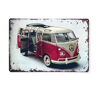Plaque Métal Déco Vintage - Combi Van Décapotable Rouge & Blanc Portes Ouvertes (30x20cm)