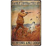Plaque Metal Facilement Distrait Par La Chasse Et Le Chien Affiche Poster Plaque Drôle Métallique Panneau Rétro Métal Mur Signe Pour Cuisine Garage Hôtels 30x40cm