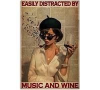 Plaque Metal Facilement Distrait Par La Musique Et Le Vin Plaque Décoration Rétro Plaque Deco Metal Drôle Décoration Artisanat Pour Cuisine Garage Hôtels 30x40cm