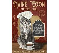 Plaque Metal Maine Coon Cat Lovers Année Personnalisée Chat Maine Coon Coffee Club Art Métal Mur Affiche Décorative Rétro Wall Sticker Vintage Affiche En Métal Pour Salon Café Bar S