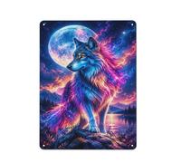 Plaque Métal Murale Cosmic Wolf Moon Mountain 40x30cm | Ajoutez des plaques décoratives en métal dans le garage pour enrichir la décoration.