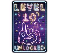 Plaque Métal Néon Level 10 UNLOCKED, Cadeau 10 Ans Anniversaire Garçon, Idée de Cadeau pour Les Gamers pour la Maison Mur Art Chambre Vintage Rétro Affiche Plaque 20 x 30 cm
