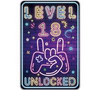 Plaque Métal Néon Level 18 UNLOCKED, Cadeau 18 Ans Anniversaire Garçon, Idée de Cadeau pour Les Gamers pour la Maison Mur Art Chambre Vintage Rétro Affiche Plaque 20 x 30 cm