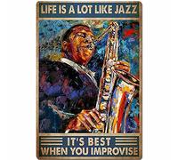 Plaque Metal Saxophone,La Vie Ressemble Beaucoup Au Jazz C'est Mieux Quand on Improvise Plaque Deco Metal Rétro Affiche Poster Plaque Drôle Métal Mur Signe pour Maison Clubs Bar Pub M