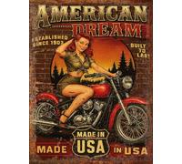 Plaque métal vintage American Dream - Pin-up sur moto rouge - Style rétro USA - Déco garage, bar, moto, loft, atelier - Plaque murale - Made in USA (15x20 cm)