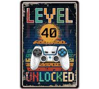 Plaque Métal Vintage Level 40 UNLOCKED, Cadeau 40 Ans Anniversaire Homme, Idée de Cadeau pour Les Gamers pour la Maison Mur Art Chambre Vintage Rétro Affiche Plaque 20 x 30 cm