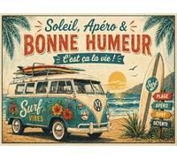Plaque Métal Vintage Surf Van Life - Soleil Apéro Bonne Humeur - Plaque Décorative Rétro Plage Surfboard VW Style - Décoration Murale Bar Surf Garage Terrasse (20x30cm)