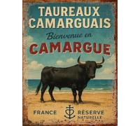 Plaque Métal Vintage Taureaux Camarguais - Bienvenue en Camargue - Décoration Murale Sud de France - Réserve Naturelle - Style Rétro Bord de Mer (15x20cm)