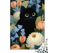 Plaque Métallique 52x38cm/1000pcs avec Black Cat Among Flowers Illustration pour L’Atelier, pour Les Collectionneurs De Plaques Et De Déco Rétro