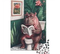 Plaque Métallique 52x38cm/1000pcs avec Hippos in The Bathroom Reading pour Le Pub Ou Le Café, Décoration en Métal pour Le Pub, Le Café Et Le Coin Bar