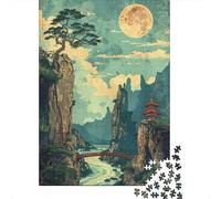 Plaque Métallique 52x38cm/1000pcs avec Japanese Landscape with Full Moon-2 pour Le Salon, Style Rustique pour L’intérieur, pour Les Pièces À Thème