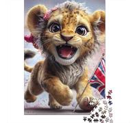 Plaque Métallique 70x50cm/1000pcs avec Cute Lion Cub with British Flag pour Le Salon Ou L’entrée, Décoration Murale pour Un Espace Récemment Aménagé