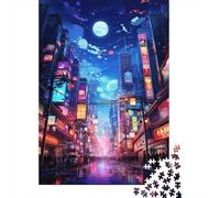 Plaque Métallique 70x50cm/1000pcs avec Neon Cityscape Vibrant Night Scene pour Le Pub Ou Le Café, pour Une Décoration D’Automne dans Le Pub Et Le Café