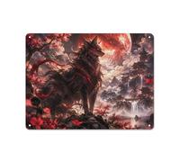 Plaque Métallique Black Wolf Red Moon 30x40cm Déco Maison | Ajoutez des décors muraux en métal dans le coin lecture pour compléter l'ambiance de la pièce.