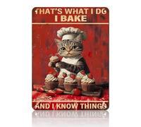 Plaque métallique humoristique en forme de chat en train de cuire, « C'est ce que je fais, je fais cuire et je sais des choses », décoration murale pour cuisine, chambre à coucher, style rétro, 20 x 1
