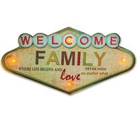 Plaque métallique RETRO LED Welcome Family enseigne grande enseigne lumineuse, décoration pour la maison : inscription familiale sur le mur pour le salon, panneau de bienvenue à l'entrée de la cuisine