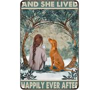 Plaque métallique rétro représentant une fille et un chien Vizslas, et elle vécut heureuse pour toujours. Décoration murale en métal pour la maison, le bar, la cuisine, le jardin, plaque décorative,