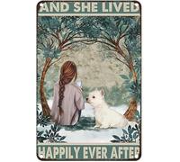 Plaque métallique rétro représentant une fille et un chien Westie, et elle vécut heureuse pour toujours, décoration murale en métal pour la maison, le bar, la cuisine, le jardin, décoration, cadeaux