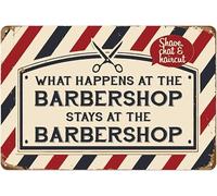 Plaque métallique vintage « Ce qui se passe chez le coiffeur reste chez le coiffeur », décoration pour salon de coiffure, garage ou atelier, affiche murale en tôle épaisse 20 x 30 cm (8 x 12 pouces).