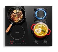 Plaque mixte gaz et induction,L 59 cm, Gaz 3400 W avec brûleur wok, Induction 2500 W, Verre noir encastrable,gaz naturel/GPL