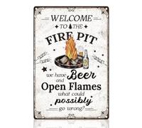 Plaque murale amusante en métal avec flammes ouvertes - 20,3 x 30,5 cm - Inscription « Welcome to the Fire Pit We Have Beer and Open Flames » - Décoration murale vintage pour fête en plein air
