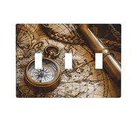 Plaque murale avec boussole et carte du monde - Triple interrupteur à bascule - Plaque décorative à 3 interrupteurs