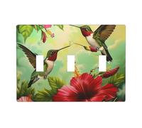 Plaque murale décorative à 3 interrupteurs à bascule, motif colibris et fleurs rouges hibiscus