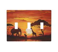 Plaque murale décorative à 3 interrupteurs à bascule, motif éléphant et girafe dans le coucher du soleil