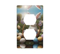 Plaque murale décorative duplex - Prise électrique - Interrupteur de qualité supérieure - Pour décoration d'intérieur - 11,4 x 7 cm - Petit lapin blanc et œufs de Pâques imprimés