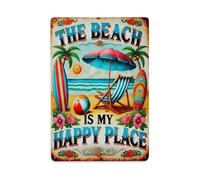 Plaque murale décorative en métal avec inscription « The Beach Is My Happy Place » - Style vintage - 20,3 x 30,5 cm