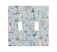Plaque murale décorative en plastique bleu de taille standard pour interrupteur double phare, motif floral vintage côtier et herbe d'été pour salon, chambre à coucher, bureau