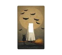 Plaque murale décorative pour interrupteur à bascule simple pour cuisine, ferme, chambre à coucher, salle de bain - Motif fantôme mignon - Chat blanc assis sur un balai