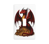 Plaque murale décorative pour interrupteur à bascule unique Motif dragon rouge et orange sur pile de trésor doré Pour cuisine, ferme, chambre à coucher, salle de bain