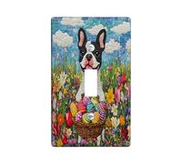 Plaque murale décorative pour interrupteur de printemps et Pâques Boston Terrier - Plaque murale à bascule simple - Plaque électrique matelassée pour chiot fleur sauvage - Plaque frontale électrique