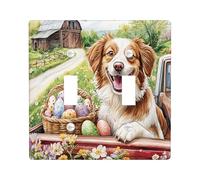 Plaque murale décorative pour interrupteur de printemps Pâques Bretagne avec 2 interrupteurs à double bascule, camion de ferme, œufs de chiot, plaque électrique de campagne pour chambre à coucher