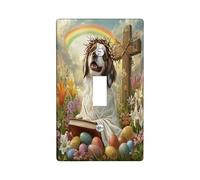Plaque murale décorative pour interrupteur de printemps Pâques Bretagne en forme de chien 1 interrupteur à bascule unique, croix biblique, œufs de chiot, plaque électrique de campagne pour chambre à