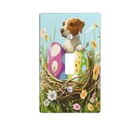 Plaque murale décorative pour interrupteur de printemps Pâques Bretagne Motif chien 1 bouton unique Œufs amusants Chiot de campagne Plaque électrique imprimée fleurs sauvages