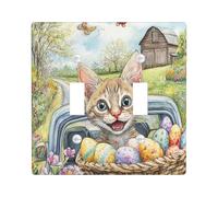 Plaque murale décorative pour interrupteur de printemps Pâques Devon Rex Cat 2 interrupteurs à double bascule, camion de ferme, œufs de chaton, plaque électrique de campagne pour chambre à coucher