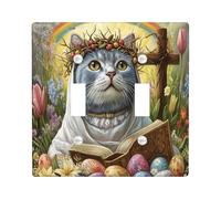 Plaque murale décorative pour interrupteur de printemps Pâques motif chat bleu russe 2 interrupteurs à double bascule, croix biblique, œufs de chaton, plaque électrique de campagne pour chambre à