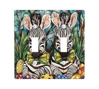 Plaque murale décorative pour interrupteur de printemps Pâques zèbre faune 2 interrupteurs à double bascule, plaque de commutation électrique, œufs d'animaux en vitrail, plaque de commutation