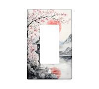 Plaque murale décorative pour interrupteur en forme de paysage oriental - Motif soleil rouge et fleurs de cerisier - Plaques murales décoratives pour décoration d'intérieur - Thermoplastique - Taille