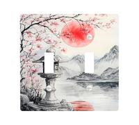 Plaque murale décorative pour interrupteur en forme de paysage oriental - Motif soleil rouge et fleurs de cerisier - Plaques murales décoratives pour décoration d'intérieur - Thermoplastique - Taille