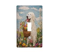 Plaque murale décorative pour interrupteur - Motif chien des Pyrénées - Printemps de Pâques - Plaque murale à bascule simple - Plaque électrique matelassée - Motif chiot de fleurs sauvages
